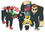  4boys alternate_costume animal animal_ears ape barefoot black_footwear black_jacket black_pants black_skirt blazer blonde_hair blue_overalls boots brown_fur brown_hair carrying_over_shoulder closed_mouth clothed_animal clothed_pokemon collared_shirt combat_boots commentary crossed_bandaids crossover dog_ears dog_girl donkey_kong donkey_kong_(series) doubutsu_no_mori dress_shirt english_commentary epic fangs fangs_out formal furry gen_7_pokemon gloves hat incineroar jacket large_hands long_sleeves looking_at_another male_focus mario mario_(series) metal_gear_(series) metal_gear_solid miniskirt multiple_boys multiple_crossover muscle necktie overalls pants paws pencil_skirt piranha_plant pokemon pokemon_(creature) pokemon_(game) pokemon_sm popped_button red_fur red_hat red_shirt shirt shizue_(doubutsu_no_mori) short_hair sideways_glance simple_background skirt skirt_suit solid_snake suit sunglasses super_mario_bros. super_smash_bros. super_smash_bros._ultimate topknot unconscious very_short_hair walking white_background white_gloves white_shirt wing_collar yellow_fur 
