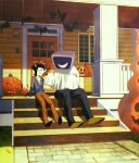  2boys ant_tenna bat_ornament black_hair black_pants blush_stickers closed_eyes colored_skin crt deltarune door full_body grass highres house jacket lens_flare male_focus multiple_boys object_head orange_pants outdoors pants pointy_nose pumpkin radio_antenna screw_hair_ornament shirt shoes short_hair single_blush_sticker sitting spamton_g._spamton spamton_g._spamton_(big_shot) stairs utdr_(toby_fox) valve_core white_shirt white_skin yellow_shoes 