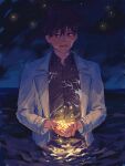  1boy :d black_hair black_shirt coat collared_shirt colored_veins cowboy_shot cracked_skin glowing head_tilt highres holding holding_star kim_dokja male_focus night omniscient_reader's_viewpoint open_clothes open_coat outdoors own_hands_together partially_submerged popped_collar reflection reflective_water shirt short_hair sky smile solo star_(sky) star_(symbol) starry_sky v_kyyi white_coat 