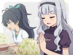  !? 2girls bean_sprout black_hair black_hairband bowl chopsticks closed_eyes constricted_pupils earrings fang food ganaha_hibiki grey_hair gyorui_(katsuwo_drawing) hairband highres holding holding_chopsticks idolmaster idolmaster_(classic) itadakimasu jewelry jirou_(ramen) long_hair multiple_girls noodles own_hands_together ponytail purple_shirt ramen shijou_takane shirt short_sleeves signature skin_fang sparkle surprised too_much_food upper_body 