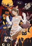  1girl alternate_costume animal_ears bandage_over_one_eye bandaged_chest bandaged_head bandaged_leg bandaged_neck bandaged_torso bandages bare_shoulders breasts brown_hair carbuncle_(reverse:1999) centauroid claw_pose collarbone commentary_request creature deer_ears deer_girl deer_tail full_moon green_eyes halloween halloween_costume highres jack-o'-lantern jessica_(reverse:1999) korean_commentary long_hair looking_at_viewer medium_breasts monster_girl moon muffin_vermeer multiple_legs mummy_costume naked_bandage navel parted_bangs parted_lips reverse:1999 sidelocks solo_focus standing standing_on_three_legs stomach tail taur 