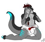  2012 abs alligator anthro bandanna biped bulge camboody camboody_(character) clothed clothing crocodilian diaper digitigrade erection hat humanoid_hands kneeling looking_at_viewer object_in_mouth partially_clothed reptile scalie signature teeth tenting whip 