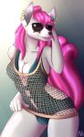  anthro breasts canine cleavage clothed clothing dickgirl eyewear fox glasses hair intersex long_hair looking_at_viewer mammal mina-the-pie nintendo piercing pink_hair pok&eacute;mon pok&eacute;mon_(species) simple_background solo standing swimsuit tattoo video_games vulpix zoey_v_(character) 