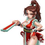  1girl absurdres breasts brown_hair commentary fatal_fury folded_fan folding_fan hand_fan high_ponytail highres japanese_clothes large_breasts long_hair ninja nojob_hiro ponytail revealing_clothes shiranui_mai simple_background solo white_background 