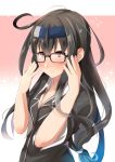  adjusting_eyewear bangs black-framed_eyewear black_hair blush closed_mouth commentary_request flying_sweatdrops glasses hands_up hatsushimo_(kantai_collection) juurouta kantai_collection long_hair looking_at_viewer low-tied_long_hair pink_background remodel_(kantai_collection) school_uniform smile solo sparkle upper_body 