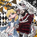  2girls apron bandaged_head bandages bat_hair_ornament black_bow black_choker black_hair black_hairband black_sweater black_tongue blonde_hair blue_dress blue_eyes bow bow_hairband choker closed_mouth colored_skin commentary dress english_commentary fangs frilled_choker frills gloves grey_eyes gucandiyi52092 hair_bow hair_ornament hairband halloween halloween_costume hands_up happy_halloween inkling inkling_girl inkling_player_character long_hair long_sleeves looking_at_viewer medium_hair multiple_girls octoling octoling_girl octoling_player_character off-shoulder_sweater off_shoulder open_mouth parted_bangs plaid_clothes plaid_dress pointy_ears puffy_short_sleeves puffy_sleeves red_pupils red_sweater short_sleeves smile splatoon_(series) stitched_face stitches striped_clothes striped_sweater sweater tentacle_hair two-tone_sweater very_long_hair white_apron white_gloves white_skin 