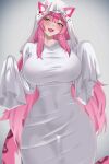  1girl animal_ears blush breasts commentary covered_navel dress english_commentary fang ghost_costume grey_background highres hololive hololive_english huge_breasts long_hair long_sleeves looking_at_viewer multicolored_hair open_mouth panther_ears panther_girl panther_tail pink_hair pink_tail raora_panthera see-through_silhouette sleeves_past_fingers sleeves_past_wrists smile solo streaked_hair tail thighs two-tone_hair virtual_youtuber white_dress white_hair white_hood yellow_eyes yobi_(ybpac18) 