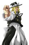  1boy apron back_bow batsu black_hat black_vest blonde_hair bow buttons closed_mouth commentary_request cowboy_shot double-breasted foreshortening fusion hat hat_bow hat_ribbon jojo_no_kimyou_na_bouken jojo_pose kirisame_marisa kujo_jotaro kujo_jotaro's_pose long_hair long_sleeves looking_at_viewer male_focus manlification pointing pointing_at_viewer ribbon shirt simple_background solo standing touhou turtleneck turtleneck_shirt vest waist_apron white_apron white_background white_bow white_ribbon white_shirt witch_hat yellow_eyes 