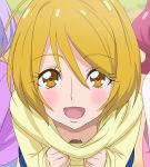  blonde_hair blush breasts brown_eyes cleavage eyebrows_visible_through_hair haruyama_kazunori hugtto!_precure kagayaki_homare long_sleeves looking_at_viewer multiple_girls nono_hana open_mouth precure ruru_amour short_hair smile 