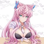  1girl amesuku_gyaru between_breasts breasts cleavage green_eyes gyaru hair_between_eyes hair_ornament highres kogal large_breasts long_hair looking_at_viewer maria_cadenzavna_eve necktie necktie_between_breasts pink_hair senki_zesshou_symphogear smile solo very_long_hair yakatsu 