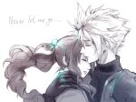  1boy 1girl 2023 aerith_gainsborough arm_around_shoulder armor artist_name black_gloves black_shirt braid braided_ponytail closed_eyes cloud_strife couple earrings english_text final_fantasy gloves glowing hair_between_eyes hair_bobbles hair_ornament hair_ribbon herzloserengel hetero jewelry light_blush long_hair materia monochrome parted_bangs parted_lips pauldrons ribbon shirt short_hair shoulder_armor sidelocks single_braid single_earring single_pauldron sketch spiked_hair suspenders turtleneck upper_body white_background 