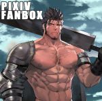  abs armor beard blue_sky brown_eyes brown_hair chest chest_hair cloud collarbone facial_hair gauntlets holding holding_sword holding_weapon looking_at_viewer male_focus muscle nikism nipples outdoors over_shoulder pectorals sideburns sky sword upper_body watermark weapon 