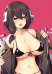  azur_lane bangs bikini black_hair blush breasts collarbone cover cover_page doujin_cover epaulettes gloves hair_between_eyes horns horosuke_(toot08) large_breasts long_hair long_sleeves looking_at_viewer mikasa_(azur_lane) military military_uniform navel open_clothes open_mouth side-tie_bikini simple_background smile solo swimsuit undressing uniform white_gloves yellow_eyes 