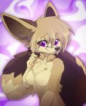  2018 5_fingers anthro areola blonde_hair breasts canine chest_tuft digital_media_(artwork) featureless_breasts female fennec fox hair looking_at_viewer magenta7 mammal nipples purple_eyes solo tuft 