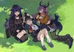  3girls ^_^ almond_(arknights) animal_ears arknights black_boots black_collar black_gloves black_hairband black_horns black_jacket black_shorts black_skirt blue_jacket boots breasts brown_shirt charm_(object) cleavage closed_eyes closed_mouth coldshot_(arknights) collar commentary dappled_sunlight day english_commentary fingerless_gloves gloves grass green_eyes grey_hair grin hair_over_one_eye hairband horns jacket jessica_(arknights) jessica_the_liberated_(arknights) k-yosinori knee_boots kneehighs long_hair long_sleeves looking_at_viewer lying medium_breasts multiple_girls on_back on_grass on_ground one_eye_covered open_clothes open_jacket outdoors outstretched_arms parted_lips plant pouch purple_hair purple_tail shirt short_hair shorts sitting skirt smile socks stretching sunlight t-shirt tail visor_cap white_socks 