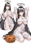  1girl absurdres alternate_costume armpits arms_behind_head arms_up bandage_on_hair bandaged_chest bandaged_head bandaged_wrist bandages black_hair blush breasts bright_pupils cleavage hair_ornament hairpin halloween_costume highres large_breasts long_hair looking_at_viewer looking_to_the_side multiple_views mummy_costume naked_bandage navel outstretched_arms pumpkin red_eyes rio_(blue_archive) seiza shigure_s simple_background sitting skindentation stomach sweat thighs underboob very_long_hair white_background white_pupils zombie_pose 