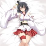  bed_sheet black_hair blanket blush breasts collarbone commentary detached_sleeves eyebrows_visible_through_hair from_above graphite_(medium) hair_between_eyes hair_ornament headgear highres japanese_clothes kantai_collection kimono looking_at_viewer lying mechanical_pencil medium_breasts no_shoes nontraditional_miko obi open_mouth pencil rappa_(rappaya) red_eyes red_skirt sash short_hair skirt solo traditional_media white_kimono wide_sleeves yamashiro_(kantai_collection) 