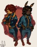 absurd_res anthro boots bottle_cap clothing duo ears_up fallout female female/female footwear hi_res lagomorph leporid looking_at_viewer mammal microsoft pinkurii pip-boy pose rabbit shoes vault_suit