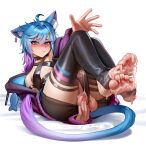  1boy absurdres animal_ears black_choker black_jacket black_panties black_shorts blue_hair blue_tail blush cat_boy cat_ears cat_tail choker crossdressing crossdressing_(mtf) cum cum_on_body cum_on_feet cum_on_penis cum_on_testicles earrings erection feet fish_earrings foot_focus hair_ornament hairpin highres indie_virtual_youtuber jacket jewelry kairunoburogu linechu looking_at_viewer male_focus multicolored_hair multicolored_jacket multicolored_tail open_clothes open_jacket panties penis purple_hair purple_jacket purple_tail second-party_source shorts simple_background soles solo stirrup_legwear tail testicles thighhighs toeless_legwear toes trap uncensored underwear virtual_youtuber white_background 