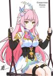  1girl breasts flower hair_flower hair_ornament highres honkai:_star_rail honkai_(series) if_they_mated large_breasts long_hair looking_at_viewer on_swing original pink_hair sirudirodriguez swing twitter_username yellow_eyes 