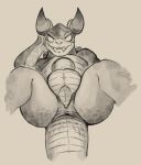  anthro anus balls daftpatriot deathclaw fallout greyscale horn looking_at_viewer male monochrome nude perineum presenting scalie solo video_games 