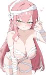  1girl absurdres ahoge bandaged_arm bandaged_chest bandaged_head bandaged_leg bandages blue_archive blush bow braid breasts closed_mouth collarbone green_eyes groin hair_bow halo hanako_(blue_archive) heart highres huge_breasts leaning_forward long_hair looking_at_viewer mummy_costume naked_bandage pink_hair pink_halo simple_background smile solo terra_tiri thighs white_background white_bow 