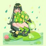  1girl artist_name asui_tsuyu bad_link black_eyes black_hair boku_no_hero_academia flower frog frog_hair_ornament hair_ornament lily_pad long_hair simple_background solo tongue tongue_out vicki_tsai water_drop water_lily_flower 