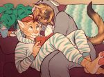  anthro book clothed clothing duo eyewear feline fur glasses glopossum hair inside kigurumi male mammal onesie sitting smile 