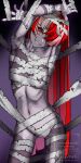  1girl absurdres armpits arms_up bandages colored_skin cowboy_shot diamond-shaped_pupils diamond_(shape) english_commentary entangled flat_chest gradient_background grey_skin grin hair_over_one_eye head_tilt highres hololive hololive_indonesia kureiji_ollie long_hair multicolored_hair mummy_costume naked_bandage navel nkonya patchwork_skin pink_hair purple_background red_eyes red_hair ribs smile stitched_arm stitched_face stitched_leg stitched_torso stitches streaked_hair symbol-shaped_pupils twitter_username very_long_hair virtual_youtuber watermark white_hair zombie 