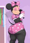 anthro big_butt biped black_body breasts butt cellphone clothed clothing detailed_background disney electronics eyelashes female hi_res holding_cellphone holding_object holding_phone inside looking_at_viewer looking_back mammal minnie_mouse mouse murid murine phone pink_clothing pupils rodent smile solo thick_thighs usnarbit