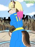  anthro blonde_hair breasts brown_fur canine djcoyoteguy fallout female fur hair looking_back mammal multicolored_hair outside pink_eyes pip-boy post-apocalyptic skintight_suit smile solo thick_thighs video_games wasteland wide_hips wolf 
