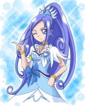  ;) blue_bow blue_eyes blue_hair bow bracelet choker collarbone cure_diamond dokidoki!_precure dress earrings hair_ornament hanzou heart high_ponytail hishikawa_rikka jewelry long_hair one_eye_closed precure short_sleeves smile solo standing very_long_hair 