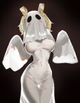  1girl absurdres blonde_hair blush breasts burnice_white covered_navel cowboy_shot dark_background dress ghost ghost_costume ghost_girl_(niyeye2019) ghost_mask ghost_pose halloween halloween_costume highres medium_breasts naked_costume ppangchil sheet_ghost short_twintails solo standing taut_clothes tight_clothes tight_dress twintails white_dress zenless_zone_zero 