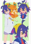  1boy black_hair blue_shirt blush closed_mouth collared_shirt crossed_bangs dashed_eyes english_commentary flying_sweatdrops gloves hair_between_eyes hairband highres holding holding_pokemon jacket kieran_(pokemon) long_sleeves male_focus messy_hair multicolored_hair multiple_views open_mouth pawmi pokemon pokemon_(creature) pokemon_sv purple_hair red_gloves shirt shorts simple_background single_glove sweat uneo00 white_jacket white_shorts yellow_eyes yellow_hairband 
