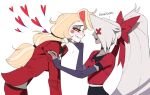  2girls bilidongdong black_bow black_bowtie black_choker black_nails black_skirt blonde_hair blush bow bowtie charlie_morningstar choker circle_facial_mark collarbone colored_sclera colored_skin english_text grey_hair grey_lips grey_skin hair_bow hand_on_another's_face hazbin_hotel heart hellaverse jacket leaning_forward long_hair looking_at_another low_ponytail multiple_girls pants ponytail red_bow red_eyes red_jacket red_pants simple_background skirt smile vaggie white_background yellow_sclera yuri 