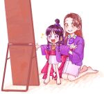  2girls :d ace_attorney aged_down barefoot bead_necklace beads black_hair brown_eyes brown_hair commentary grin hair_ornament hands_on_another&#039;s_shoulders hanten_(clothes) jacket japanese_clothes jewelry kimono kneeling light_blush magatama magatama_necklace maya_fey mia_fey mirror multiple_girls necklace obi oyoyo_pe pink_kimono purple_eyes purple_jacket red_sash ring_hair_ornament sash siblings sisters smile sparkle sparkling_eyes sphere_hair_ornament t-pose topknot 