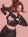  1girl artist_name black_gloves black_jacket black_pants breasts brown_hair cleavage cropped_jacket falling_petals fatal_fury fatal_fury:_city_of_the_wolves folding_fan gloves hair_tie hand_fan highres jacket large_breasts long_hair midriff motoyui navel pants parted_bangs petals pink_background pink_petals plunging_neckline ponytail shiranui_mai sleepy_korok solo weapon_in_mouth 