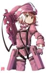  animal_ears brown_eyes brown_hair bullpup bunny_ears cropped_legs fake_animal_ears fur_trim gloves goemon1110 gun hat highres jacket llenn_(sao) long_sleeves military military_uniform p90 pants parted_lips pink_gloves pink_hat pink_jacket pink_pants short_hair simple_background solo submachine_gun sword_art_online sword_art_online_alternative:_gun_gale_online uniform weapon white_background 