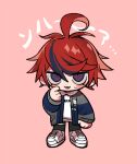  1boy ahoge black_pants black_streaks blue_eyes blue_jacket chibi chibi_only commentary_request explopyon full_body grey_jacket hood hoodie jacket jacket_over_hoodie looking_at_viewer male_focus multicolored_hair multicolored_jacket open_clothes open_jacket pants pink_background red_hair ringed_eyes scratching_cheek shoes short_hair simple_background solo streaked_hair sumino_takumi sweatdrop the_hundred_line_-last_defense_academy- two-tone_jacket white_hoodie white_shoes 