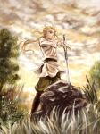  1girl absurdres antatica11 artoria_pendragon_(fate) boots cloud cloudy_sky commentary_request excalibur_(fate/stay_night) fate/stay_night fate_(series) from_below grass green_pants highres knee_boots light_rays pants planted planted_sword ponytail saber_(fate) sky solo sword tree weapon 