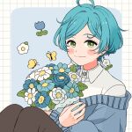  1boy :3 absurdres ahoge blue_cardigan blue_flower blue_hair bouquet bug butterfly cardigan closed_mouth collared_shirt commentary earrings eeppa ensemble_stars! flower flower_earrings green_hair highres jewelry knees_up layered_clothes long_sleeves looking_at_viewer male_focus parted_bangs shinkai_kanata shirt short_hair smile solo white_flower white_shirt yellow_butterfly 