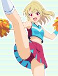  1girl :d abstract_background blonde_hair breasts cheering cheerleader commentary crop_top cropped_shirt dot_nose high_kick high_ponytail highres holding holding_pom_poms kicking leg_up medium_hair miniskirt multicolored_shirt navel open_mouth original outline outstretched_arms panties pantyshot pleated_skirt pom_pom_(cheerleading) ponytail red_eyes red_panties red_skirt shirt skirt sleeveless sleeveless_shirt small_breasts smile socks solo spread_arms spread_legs standing take_zenni_chikuzenni two-tone_skirt underwear v-shaped_eyebrows white_outline white_socks 