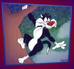 2025 3_toes 4_fingers alternate_version_at_paywall anthro belly biped black_body black_eyes black_fur bodily_fluids casual_nudity cheek_tuft cloud cloudy_sky colored curvy_figure digital_drawing_(artwork) digital_media_(artwork) dipstick_tail domestic_cat facial_tuft feet felid feline felis fingers flat_colors fur gavanzude gloves_(marking) hanging_from_branch hanging_on head_tuft helpless hi_res holding_on holding_onto_tree humanoid_heel leg_markings lines_drawn looking_down looney_tunes male mammal markings nervous nervous_sweat nude outside pinup plant plantigrade pose red_nose scared signature sky slightly_chubby slightly_chubby_anthro slightly_chubby_male socks_(marking) solo stuck_in_tree sweat sylvester_(looney_tunes) tail tail_markings toes tree tuft warner_brothers whisker_spots whiskers white_belly white_body white_feet white_fur white_hands white_sclera white_tail_tip wide_hips worried worried_face worried_look