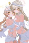  2girls absurdres asymmetrical_docking bandaged_arm bandaged_head bandaged_neck bandages blonde_hair blue_archive braid breast_press breasts brown_eyes brown_hair cleavage commentary crown_braid double-parted_bangs flat_chest hair_between_eyes halo hifumi_(blue_archive) highres hug large_breasts long_hair looking_at_viewer low_twintails multiple_girls nagisa_(blue_archive) naked_bandage navel open_mouth peroro_(blue_archive) red_halo shusuchii simple_background small_breasts stomach symbol-only_commentary twintails white_background yellow_eyes yellow_halo 