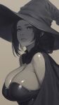  1girl absurdres bare_shoulders breasts cleavage cloak closed_mouth commentary_request grey_background greyscale halloween hat highres jchoy large_breasts leotard monochrome original simple_background solo strapless strapless_leotard upper_body witch_hat 