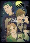  1girl 2boys award_ribbon bat_(animal) black_eyes black_hat black_jacket black_suit brown_eyes brown_hair cat chainsaw_man cosplay cross-shaped_pupils denji_(chainsaw_man) dress earrings ghost_costume green_dress grin hair_slicked_back hat hayakawa_aki highres jack_skellington jack_skellington_(cosplay) jacket jewelry long_hair looking_at_viewer mayor_of_halloween_town mayor_of_halloween_town_(cosplay) meowy_(chainsaw_man) moon multiple_boys night open_mouth outdoors patchwork_clothes pinstripe_pattern pinstripe_suit sally_(nbc) sally_(nbc)_(cosplay) sharp_teeth smile stitched_arm stitched_face stitches stud_earrings suit suit_jacket symbol-shaped_pupils taka_gyoku teeth the_nightmare_before_christmas tongue tongue_out yellow_eyes zero_(nbc) zero_(nbc)_(cosplay) 