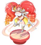 2019 2_horns absurd_res action_pose alpha_channel animal_humanoid armor big_breasts biped breasts cleavage clothed clothed_female clothed_humanoid clothing digital_drawing_(artwork) digital_media_(artwork) dragon dragon_humanoid english_description eyelashes female full-length_portrait henrietta_(theycallhimcake) hi_res horn horned_humanoid humanoid humanoid_pointy_ears melee_weapon mythological_creature mythological_scalie mythology not_furry one_leg_up open_mouth open_smile pointy_ears portrait pose raised_leg scalie simple_background smile solo sword theycallhimcake transparent_background twintails_(hairstyle) weapon