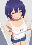  1girl blue_shorts breasts center-flap_bangs cleavage closed_mouth collarbone commentary_request cowboy_shot denim denim_shorts dot_nose from_above hands_up highres large_breasts looking_at_viewer looking_up medium_hair no_bra original purple_hair red_eyes short_shorts shorts smile solo standing strap_slip take_zenni_chikuzenni tan tank_top tanlines white_tank_top 
