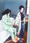  1boy 1girl absurdres animal_print barefoot belt black_hair black_jacket black_pants black_socks breasts butterfly_hair_ornament butterfly_print butterfly_print_haori clothes_grab colored_tips demon_slayer_uniform full_body gold_buttons hair_between_eyes hair_ornament haori highres indoors jacket japanese_clothes kimetsu_no_yaiba kochou_shinobu medium_breasts multicolored_hair niku_(ni23ku) on_bed pajamas pants parted_lips print_haori purple_eyes purple_hair sitting sleeve_grab smile socks standing tabi tomioka_giyuu twitter_username weibo_username white_belt window 