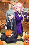  2girls absurdres bang_dream! bang_dream!_it's_mygo!!!!! black_bow black_bowtie black_hair black_jacket black_necktie black_skirt black_socks black_sweater blue_hair bow bowtie braid candy chihaya_anon commentary commission cosplay english_commentary enid_sinclair enid_sinclair_(cosplay) fang food fries_vanquisher halloween highres indoors jack-o'-lantern jacket long_hair multiple_girls necktie no_shoes open_mouth pink_hair pixiv_commission purple_jacket purple_skirt sitting skirt socks sweatdrop sweater teeth the_addams_family togawa_sakiko twin_braids upper_teeth_only wariza wednesday_(netflix) wednesday_addams wednesday_addams_(cosplay) yellow_eyes 